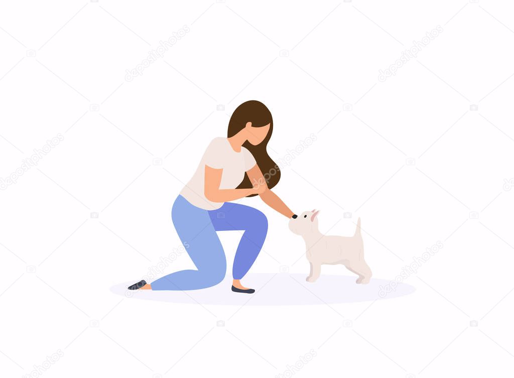 Woman adopting pet from animal shelter. Colorful vector illustration in flat style.