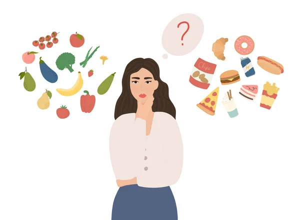 妇女在健康食品和不健康食品之间做出选择 有机产品和快餐 饮食决策概念和营养 — 图库矢量图片