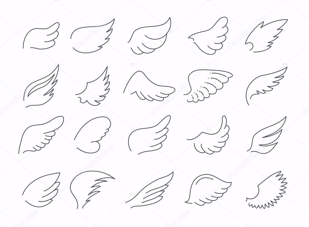 Set of hand drawn bird or angel wings  with light effect. Different shape in open position.