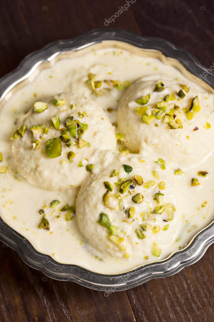 Rasmalai, Sweet Paneer Cheese Balls with Pistachios Stock Photo by