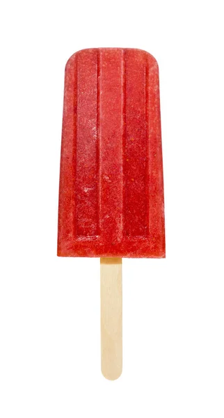 Bevroren aardbeien Puree Popsicle met houten stok op witte achtergrond — Stockfoto
