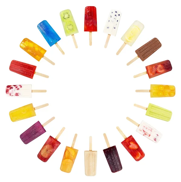 20 Flavors of Popsicles in a Circle on White Background