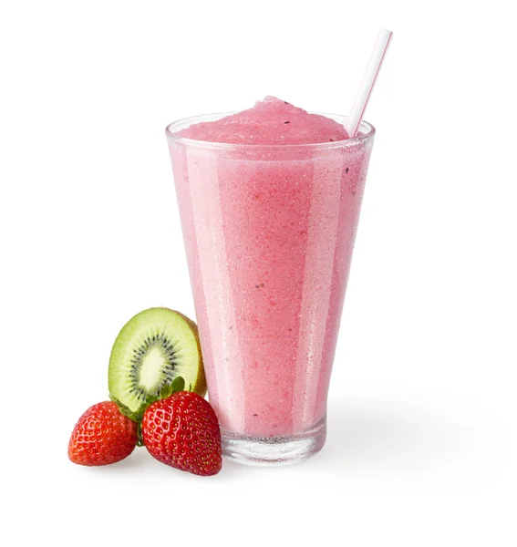 Kiwi Strawberry Smoothie with Fruit Garnish on White Background — Stock Photo, Image