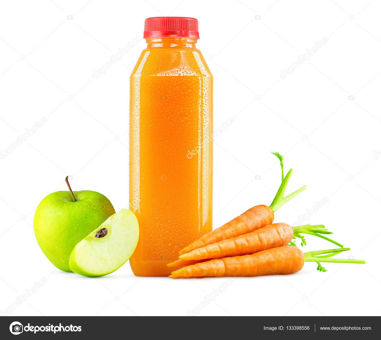 Freshly Squeezed Carrot Apple Juice in Bottle on White Background