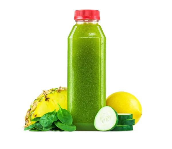 Fles vers geperste spinazie, ananas, komkommer en citroensap — Stockfoto