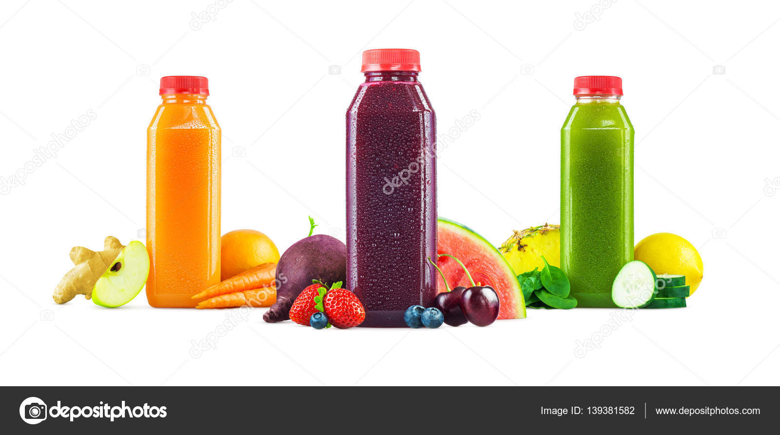 Freshly Squeezed Fruit and Vegetable Juice in Generic Bottles on White Background ⬇ Stock Photo