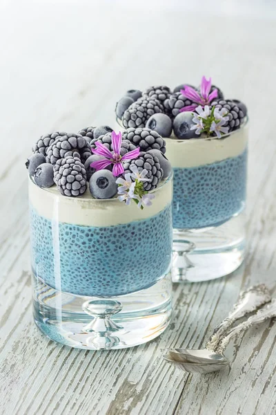 Vegan Blue Spirulina Chia Pudding with Coconut Cream and Frozen Berries — Stock Photo, Image