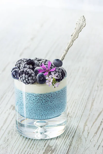 Vegan Blue Spirulina Chia Pudding Whipped Coconut Cream Frozen Berries — Stock Photo, Image