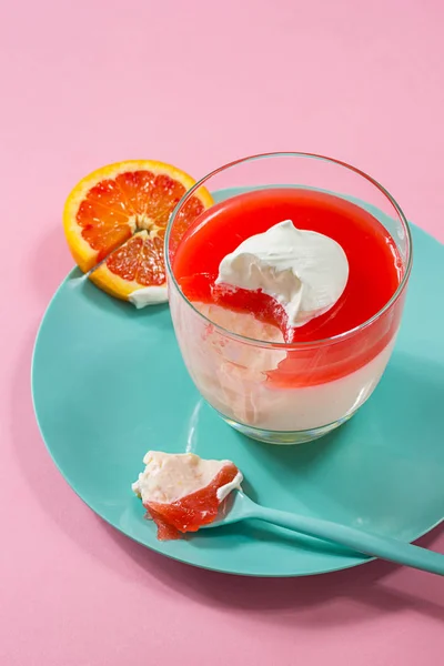 Bite Taken Creamy Citrus Panna Cotta Blood Orange Gele Whipped — Stock Photo, Image
