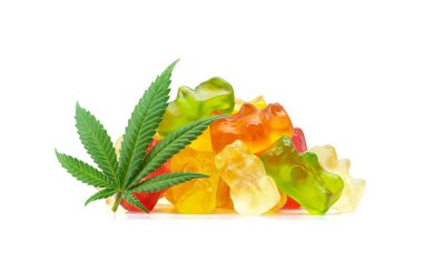 Gummy Bear Medical Marijuana Edibles, Candies Infused with CBD or THC, with Cannabis Leaf Isolated on White Background clipart