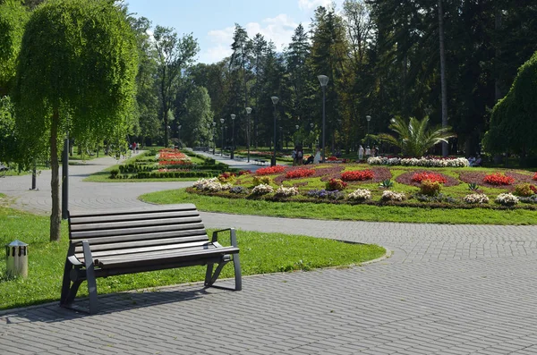 Скамейка в общественном парке — стоковое фото