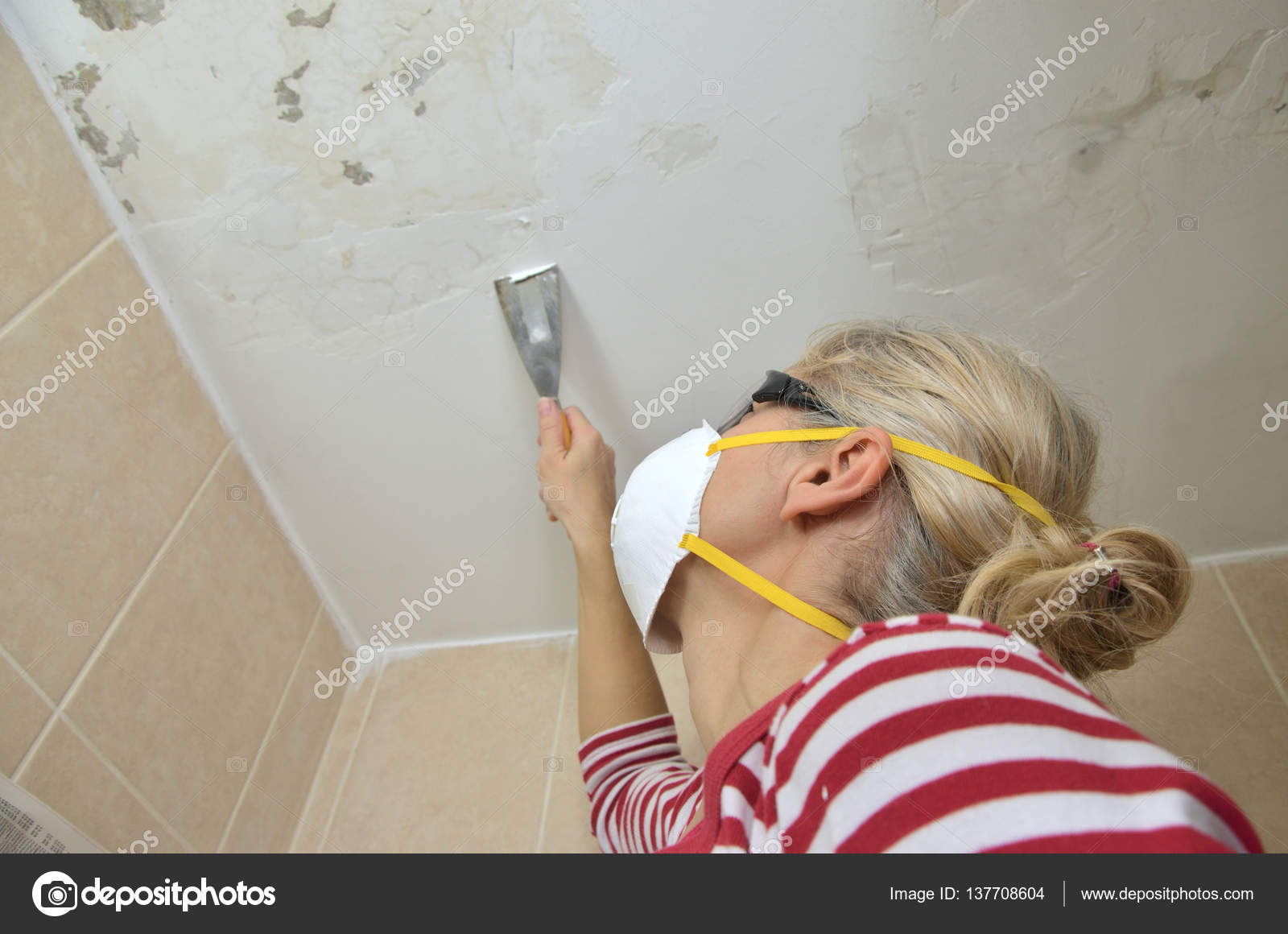 Woman Preparing Ceiling For Smoothing Stock Photo C Bane M