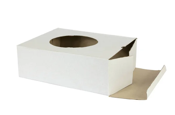 Ανοικτό κουτί από χαρτόνι με μια τρύπα στο λευκό — Φωτογραφία Αρχείου