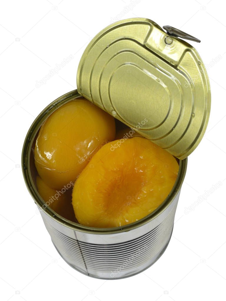 Can with apricots on white