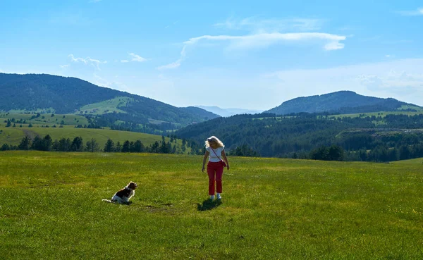 女性と自然を楽しんでいる犬 — ストック写真