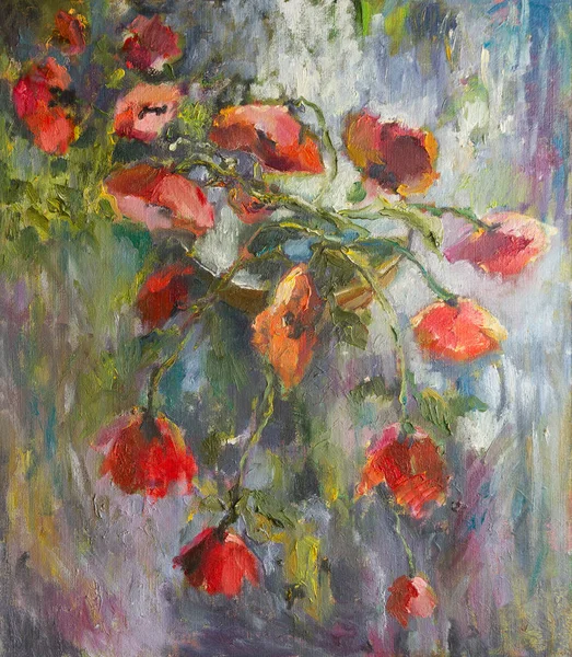 红色的罂粟在一个抽象的背景。 帆布上的油画. — 图库照片