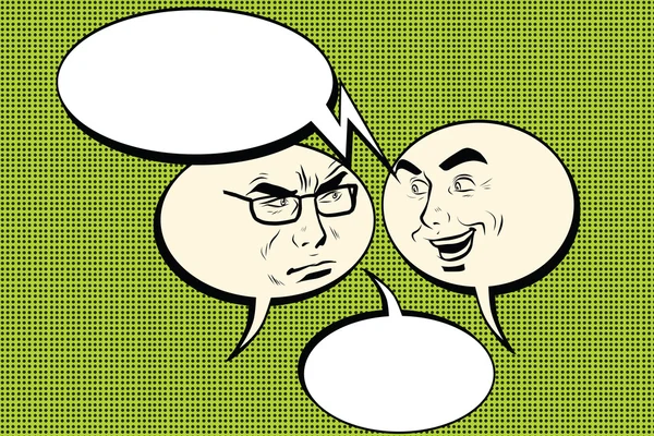 Zwei Männer, freudig und wütend. Smiley-Gesicht aus der Comic-Blase — Stockvektor