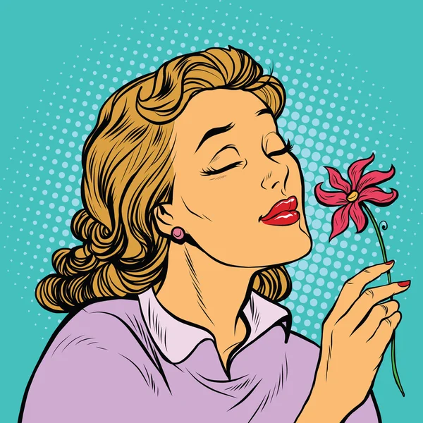 Belélegzése a virág illatát, a gyönyörű nő — Stock Vector