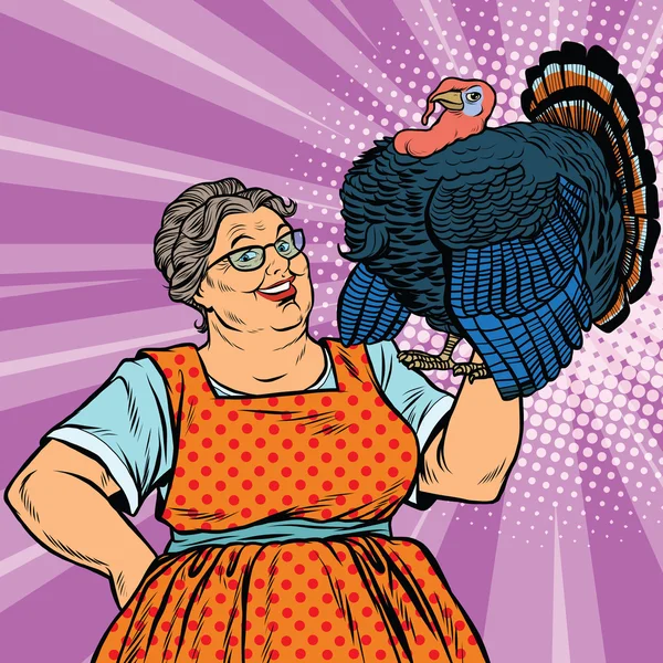 Holiday grandma with a live Turkey — Stock Vector