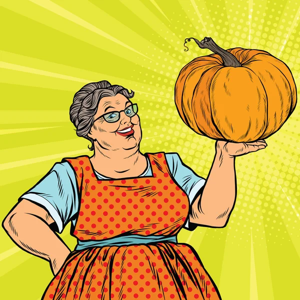 Cheerful grandmother with pumpkin for Thanksgiving — Stock Vector