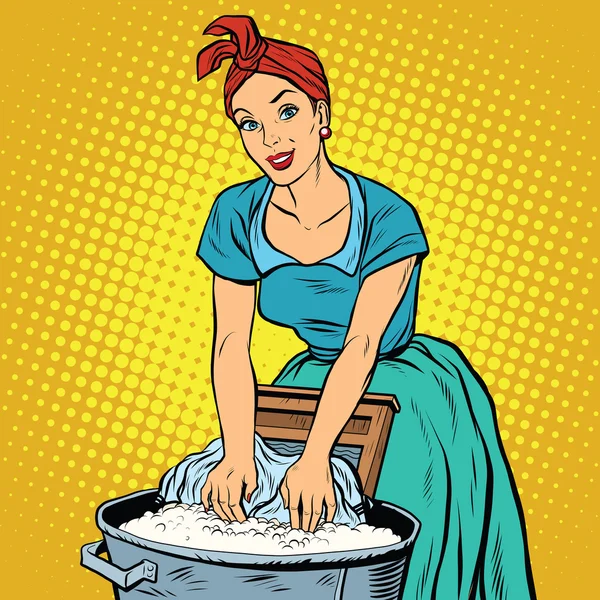 Retro vrouw laundress om kleren wassen — Stockvector