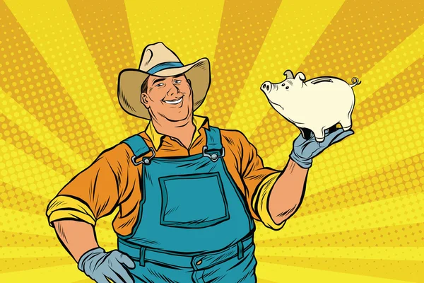 Landsbygdens retro bonde med en gris-piggy Bank — Stock vektor