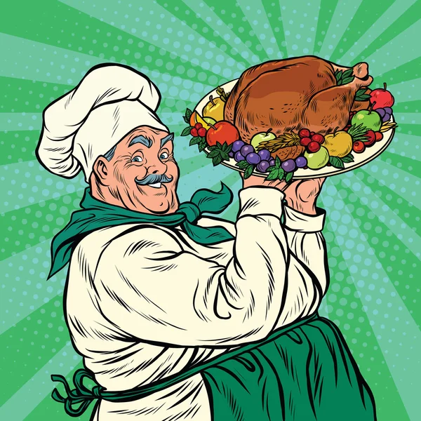 Chef com um prato assado Turquia — Vetor de Stock