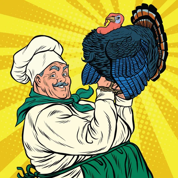 Chef retro con un pavo vivo, acción de gracias — Archivo Imágenes Vectoriales