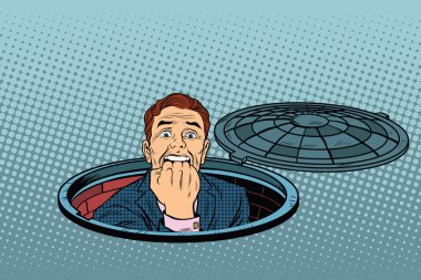 scared retro man in the manhole clipart