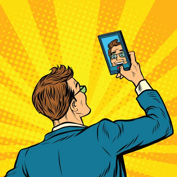 Retro homem selfie no smartphone — Vetor de Stock