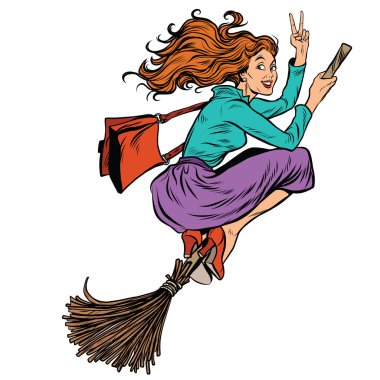 Beautiful woman witch flying on a broom clipart