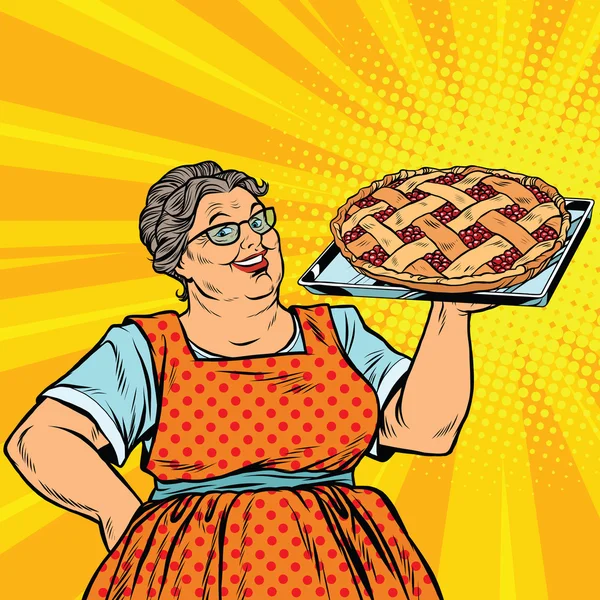 Старая веселая ретро-женщина с ягодным пирогом — стоковый вектор