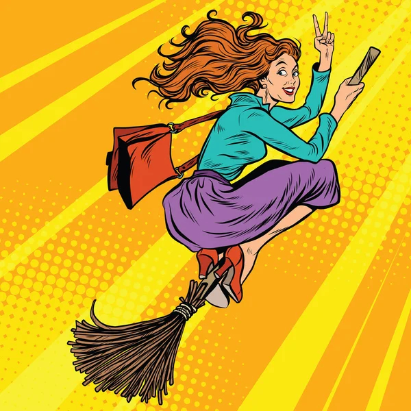 美丽的女人女巫骑着扫帚飞行 — 图库矢量图片