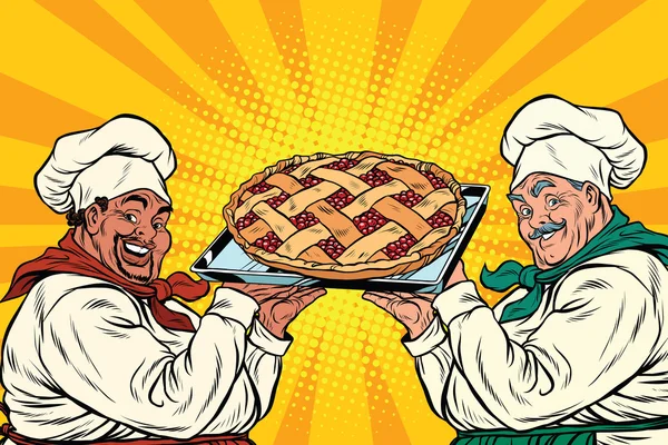 Multi-ethnic chefs with berry pie — Διανυσματικό Αρχείο