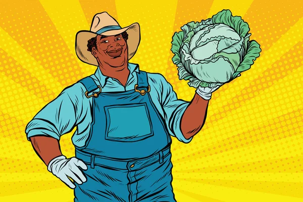 Agricultor afro-americano com repolho — Vetor de Stock