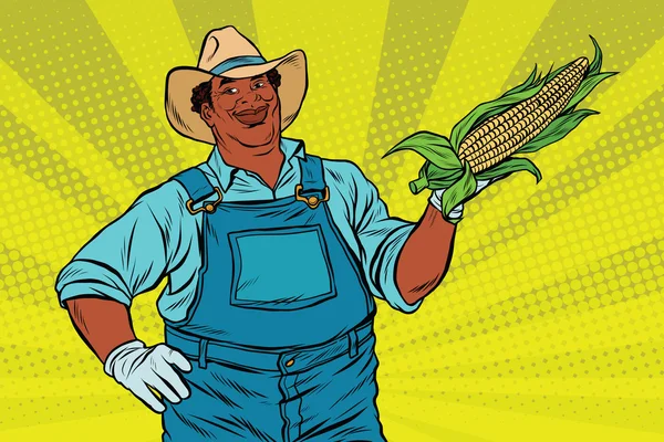 African American farmer with corn on the cob — Stock Vector