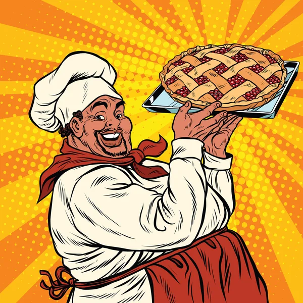 Afro-Américain ou Latino cuisinier avec une tarte aux baies — Image vectorielle