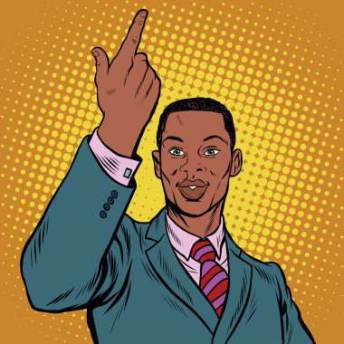 Afrika kökenli Amerikalı iş adamı işaret parmağı yukarıya