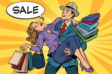 Discounts and sales. Retro man carrying woman on his hands clipart