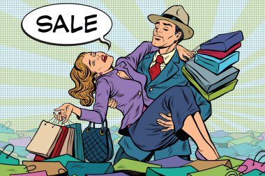 Retro man rescues a woman from sales and purchases clipart