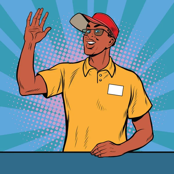 Travailleur afro-américain fast food accueilli — Image vectorielle