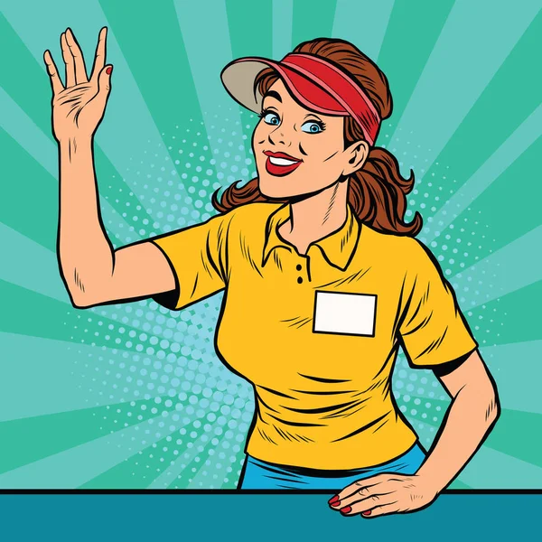 Joyful jovem mulher fast food trabalhador toma a ordem — Vetor de Stock