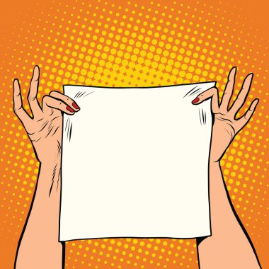 Beyaz bir kare afiş tutan eller