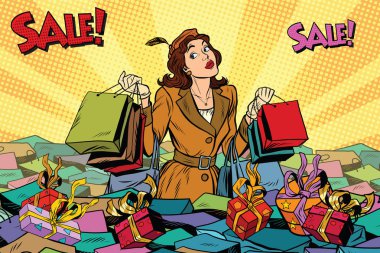 Woman with shopping in a sea of sales clipart