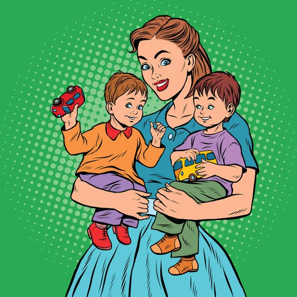 Joven mamá retro con dos niños niños niños — Vector de stock