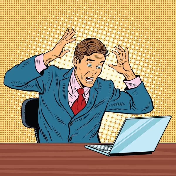 Бизнесмен в панике, читает блокнот
