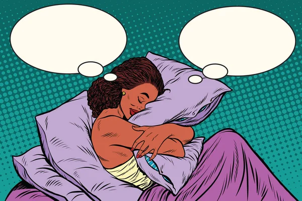 Молодая женщина в постели обнимает подушку — стоковый вектор