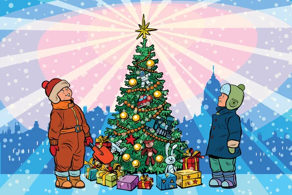 Children stand near the Christmas tree, holiday background — Stock Illustration Children stand near the Christmas tree, holiday background Royalty Free Stock Illustrations