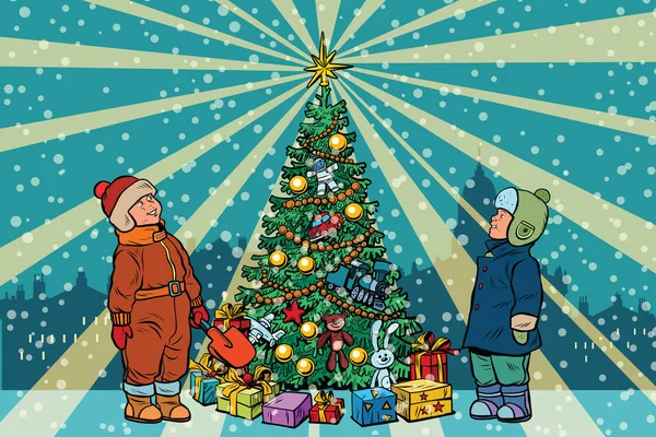 Children stand near the Christmas tree, retro background Vector Graphics