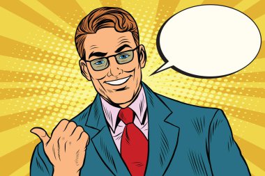 Smiling businessman showing big finger to the left clipart